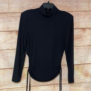 Plus Size 1X Black Mock Neck Cut Out‎ Side Drawstring Long Sleeve Top Blouse